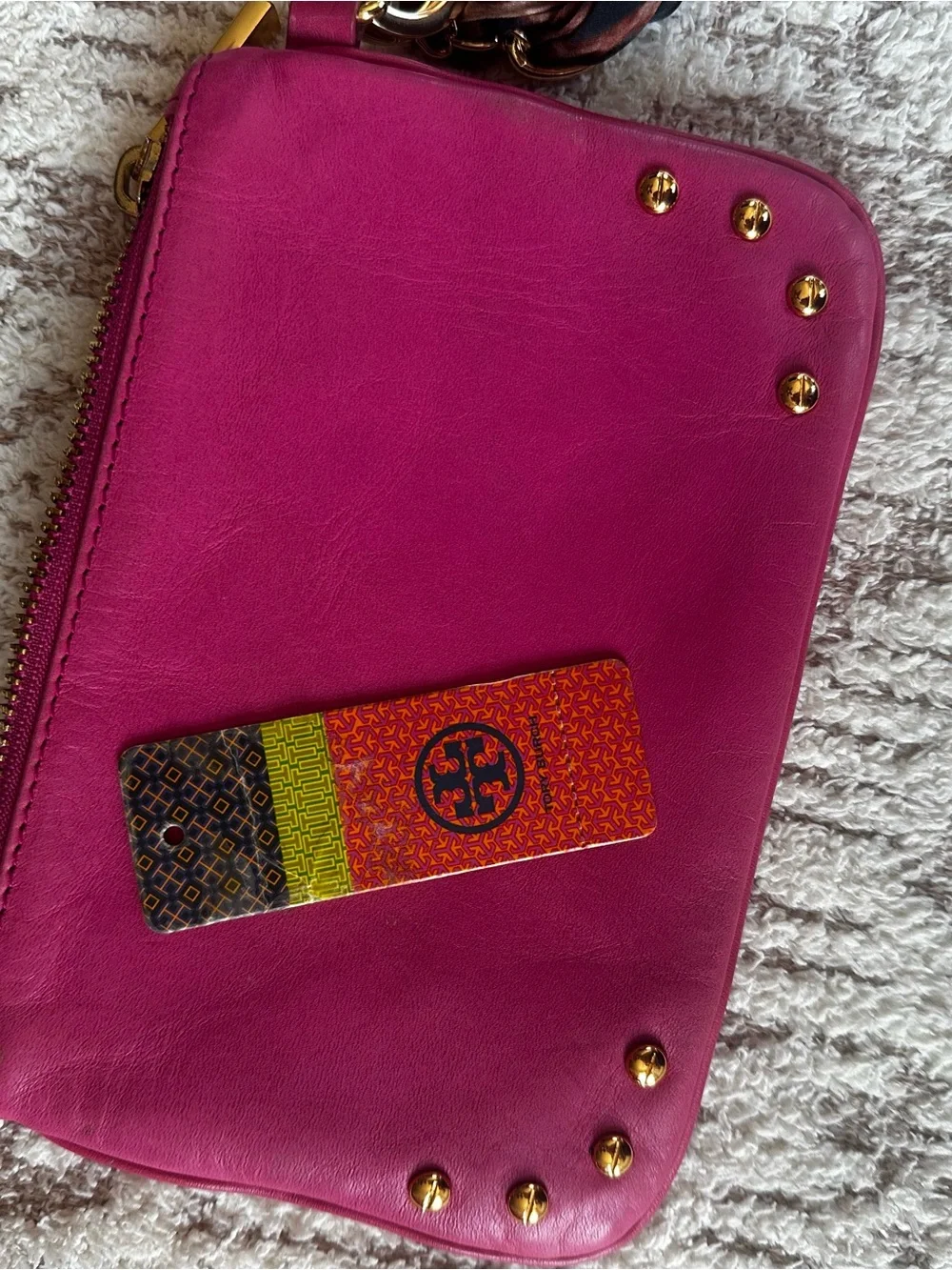 Tory Burch Magenta Pink wristlet clutch Leather Pouch Leopard Strap
